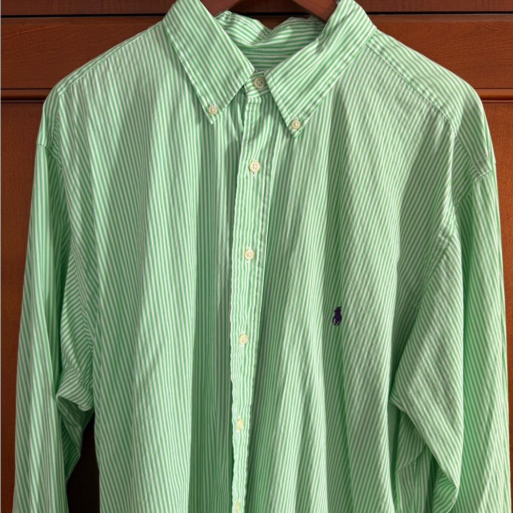 SOLD! Ralph Lauren Green and White Stripe XL TALL LONG Button Down Long Sleeve.